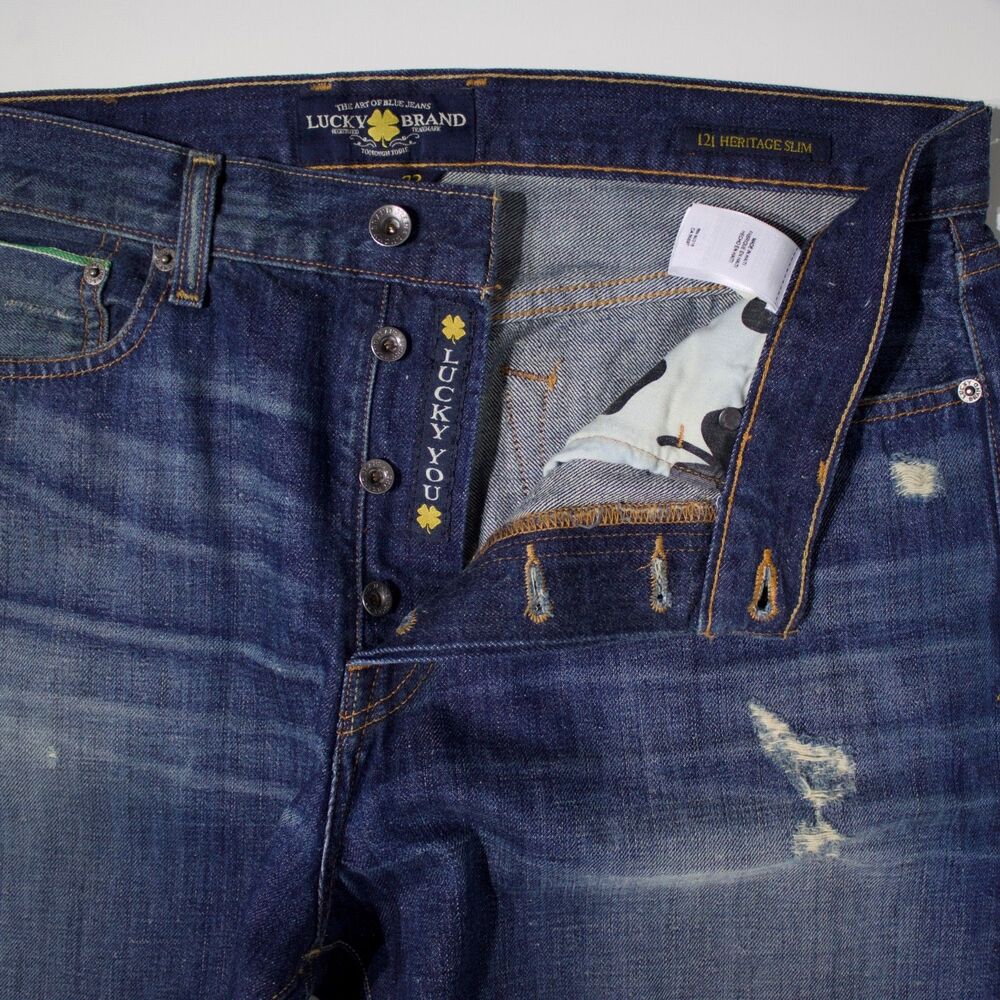 Lucky Brand 121 Heritage Slim Selvedge Distressed Jeans Dark Wash Men 36x32 (J2) - Picture 8 of 12